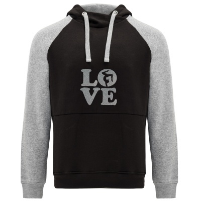 Sweatshirt de capuz preta e cinzenta com a palavra LOVE estampada