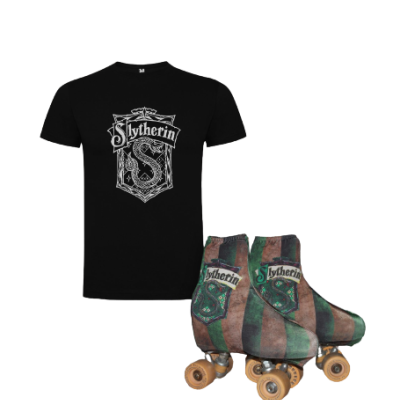 T-shirt preta Slytherin e patins de rodas verdes e castanhos Slytherin