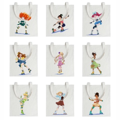 Nove sacos tote brancos com ilustrações coloridas de patinadoras femininas diferentes