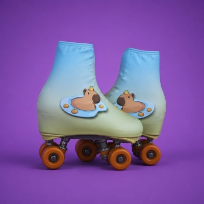 Patins em linha com capa azul, verde e desenho de hipopótamo, rodas laranja, fundo roxo