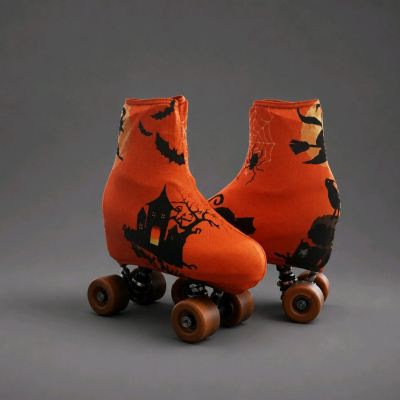 Patins de rodas com capa em tecido laranja estampada com motivos de Halloween