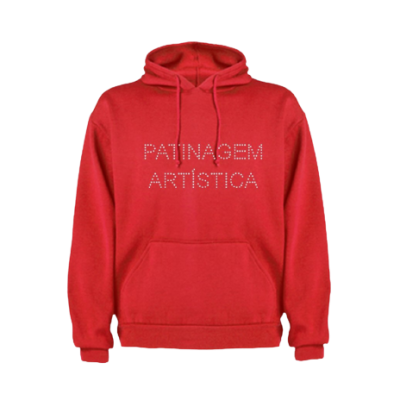 Sweatshirt vermelha com texto PATINAGEM ARTÍSTICA branco