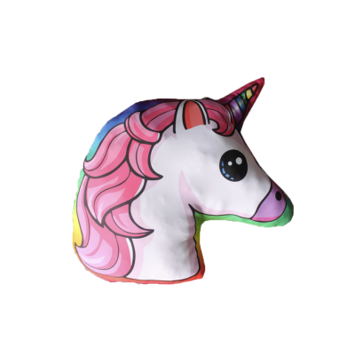 Almofada em forma de cabeça de unicórnio com crina rosa e chifre multicolorido