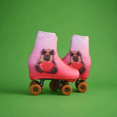 Patins rosa com desenho de animal fofo e rodas castanhas