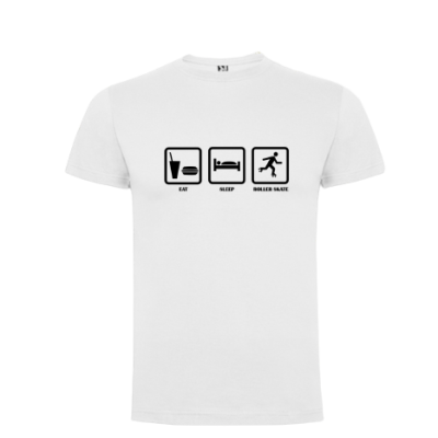 T-shirt branca com ícones pretos eat, sleep e roller skate
