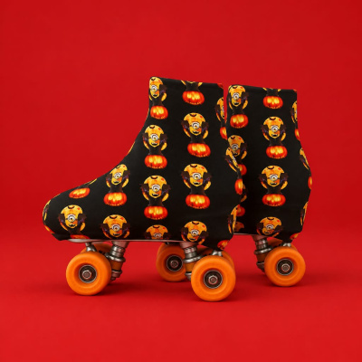 Patins de rodas com capas estampadas de minions e abóboras.