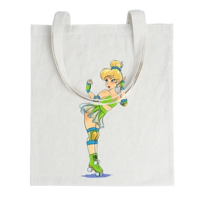 Saco tote branco com estampa colorida de personagem feminina em patins