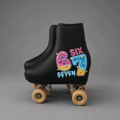 Patins em linha com capa preta e números coloridos 6 e 7.