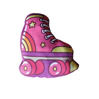 Almofada em forma de patins cor-de-rosa com estrelas e arco-íris