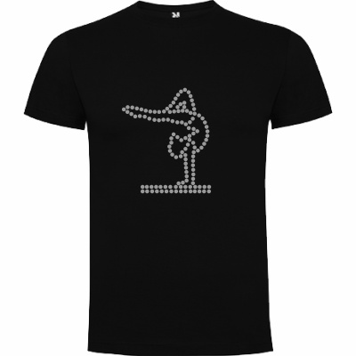 T-shirt preta com estampa de pessoa em posição de ponte feita de círculos cinzentos