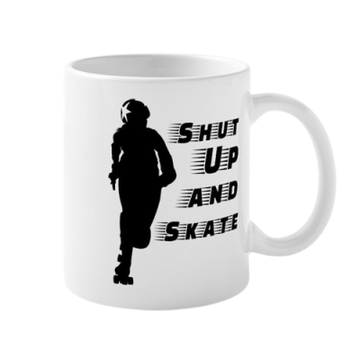 Caneca branca com imagem preta e texto 'SHUT UP AND SKATE'