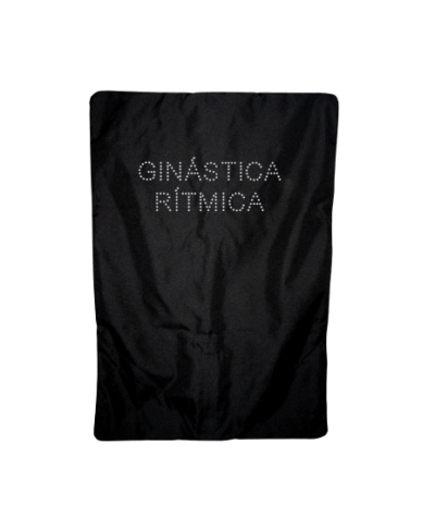 Saco preto com texto em pedras brilhantes 'GINÁSTICA RÍTMICA'