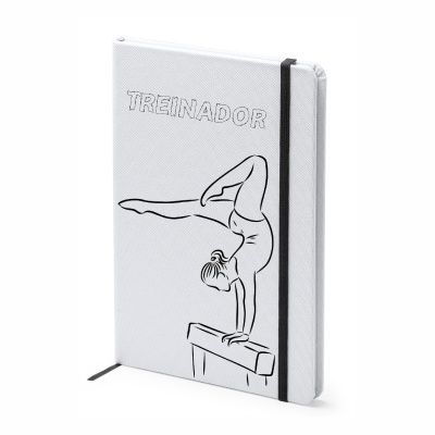 Caderno branco com ilustração preta de ginasta e texto TREINADOR