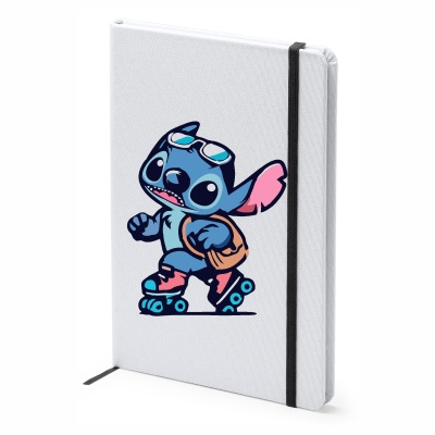 Caderno branco com desenho colorido de personagem azul com patins