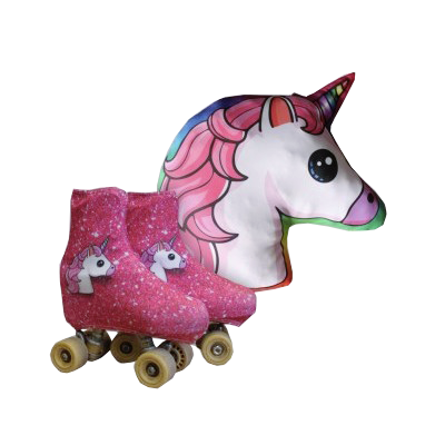 Patins rosa com unicórnio e almofada em forma de cabeça de unicórnio