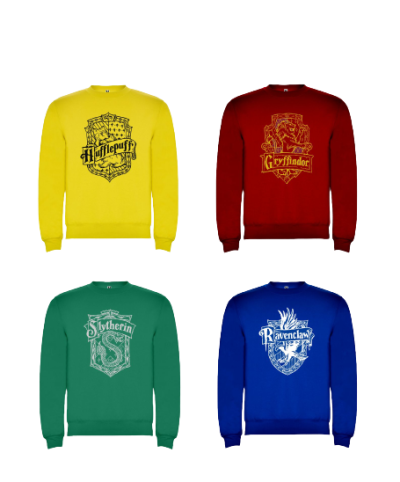 Quatro sweatshirts coloridas com brasões e nomes dos grupos de Hogwarts