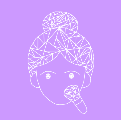 Ilustração minimalista de rosto feminino com pincel de maquilhagem, fundo lilás