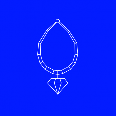 Desenho minimalista de um colar com pendente em forma de losango em fundo azul