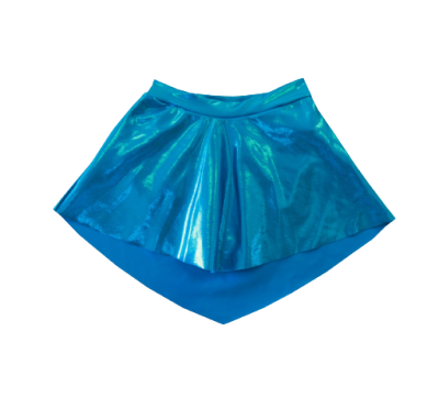 Saia curta azul metálica brilhante com corte evasê e sobreposição assimétrica