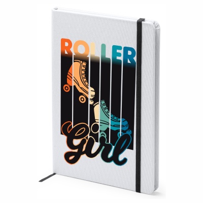 Caderno branco com elástico e estampa colorida de patins e texto 'ROLLER Girl'