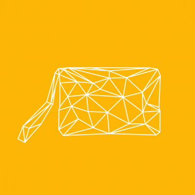 desenho geométrico branco de carteira com alça em fundo amarelo