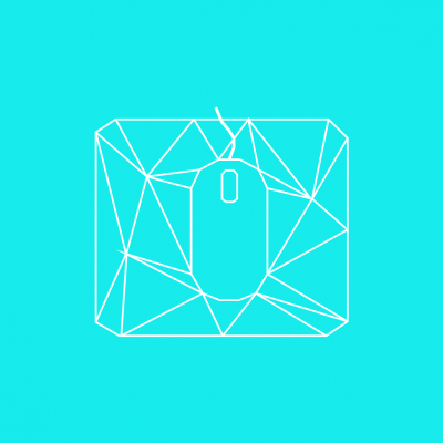 Ícone geométrico branco de rato de computador sobre um fundo azul-ciano