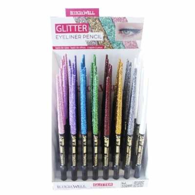 Lápis de olhos glitter várias cores em expositor branco com texto