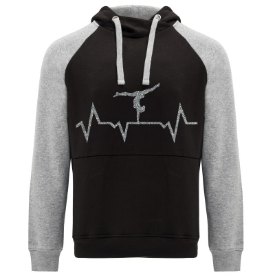 Sweatshirt preto e cinza com padrão prateado de linha cardíaca e ginasta