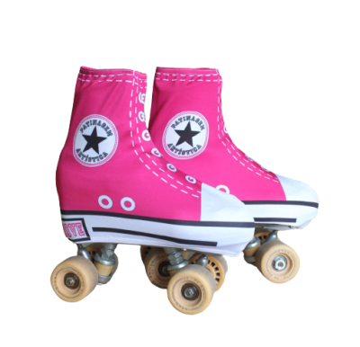 Patins de rodas quadros cor de rosa com branco e bege