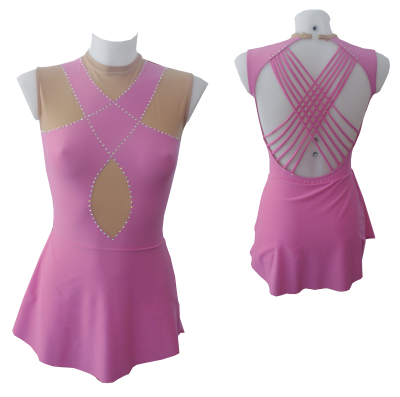 Vestido desportivo rosa e bege com strass e tiras cruzadas nas costas