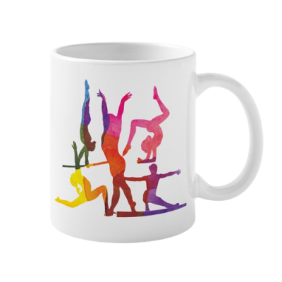 Caneca branca com silhuetas coloridas de ginastas em várias poses.