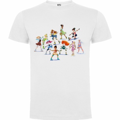T-shirt branca com personagens femininas desenhadas coloridas na frente