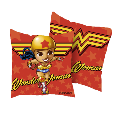 Duas almofadas vermelhas de Wonder Woman com símbolo e personagem animada