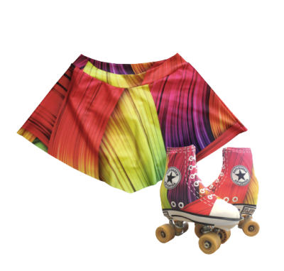 Saia colorida com padrão listrado e patins de rodas coloridos com atacadores brancos.