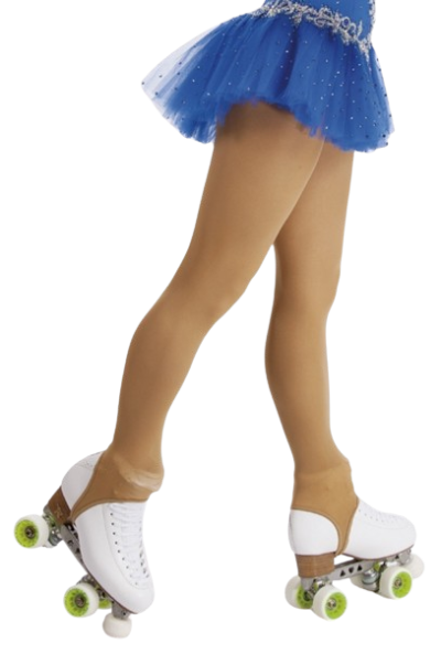 Patins brancos com rodas verdes e saia azul com pedras brilhantes.