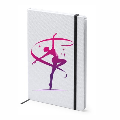 Agenda branca com ginasta rítmica desenhada e elástico preto