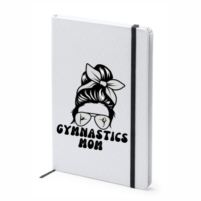 Caderno branco com desenho de mulher e texto 