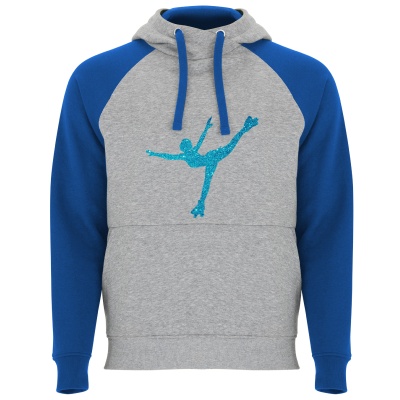 Camisola com capuz cinza e azul com desenho azul de patinadora