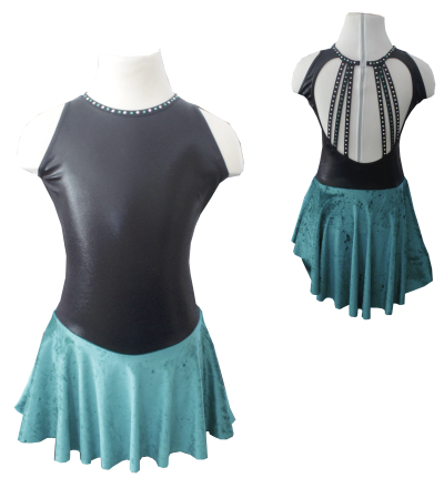 Vestido de dança preto com saia azul-turquesa e detalhes de brilhos nas costas