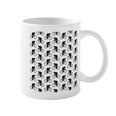 Caneca branca com padrão de ciclistas pretos