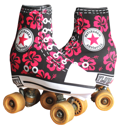 Patins de rodas com estampa floral vermelha e preta e detalhes em branco