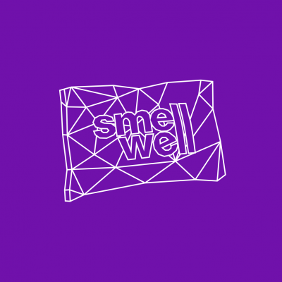 Logótipo com texto 'smell well' em fundo roxo e padrão geométrico branco