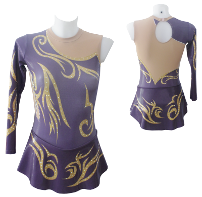 Vestido roxo e bege com detalhes dourados para patinagem ou ginástica