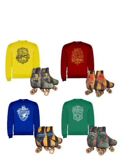 Quatro sweatshirts e patins em linha temáticos das casas de Hogwarts de Harry Potter, nas cores amarelo, vermelho, azul e verde, com os nomes e brasões das casas Hufflepuff, Gryffindor, Ravenclaw e Slytherin.