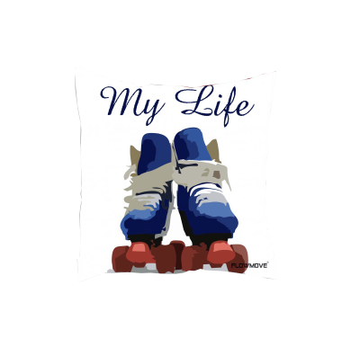 Almofada branca com desenho de patins e texto My Life
