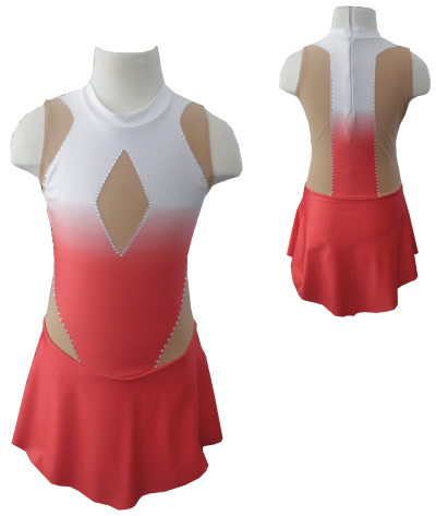 Vestido de dança branco, bege e vermelho com recortes e saia vermelha