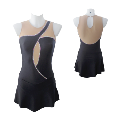 Vestido de dança preto e bege com detalhes em pedraria e recortes