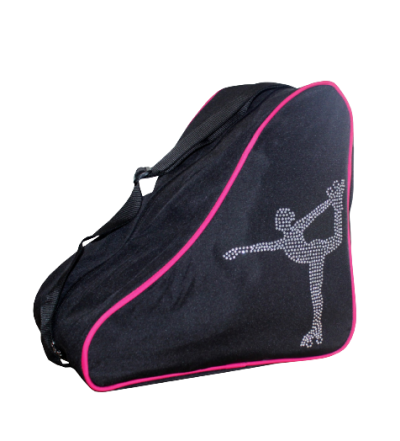 Mala preta para patins com figura de patinadora artística em brilhantes
