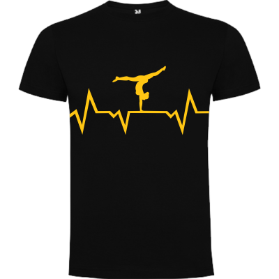 T-shirt preta com estampa amarela de linha de pulso cardíaco com ginasta