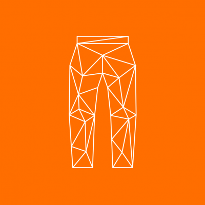 Desenho de calças branco com linhas geométricas num fundo laranja